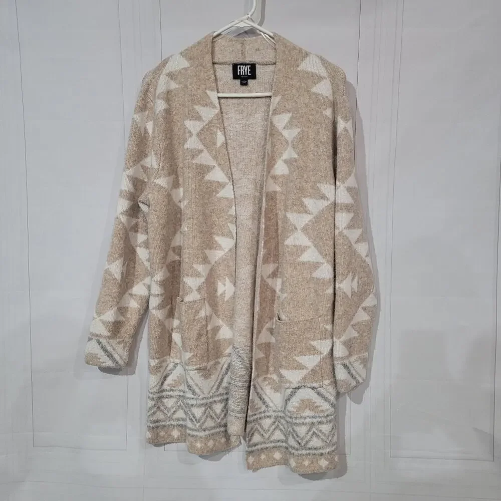 Frye WMS Large The Cozy Cardigan Boho Western Southwestern Tan Oatmeal Open